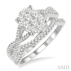 3/4 Ctw Lovebright Round Cut Diamond Wedding Set With 5/8 Ctw Oval Shape Engagement Ring and 1/8 Ctw Curved Wedding Band in 14K White Gold
