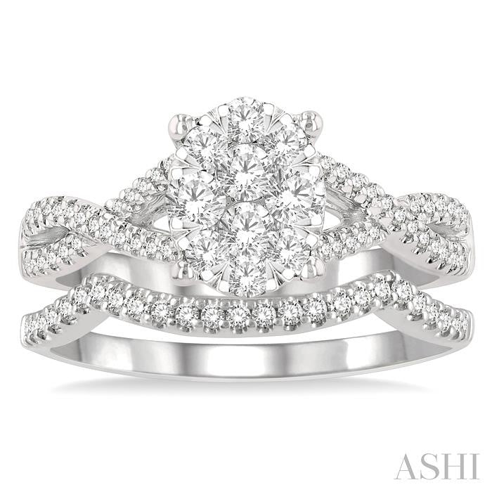 3/4 Ctw Lovebright Round Cut Diamond Wedding Set With 5/8 Ctw Oval Shape Engagement Ring and 1/8 Ctw Curved Wedding Band in 14K White Gold