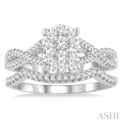 3/4 Ctw Lovebright Round Cut Diamond Wedding Set With 5/8 Ctw Oval Shape Engagement Ring and 1/8 Ctw Curved Wedding Band in 14K White Gold