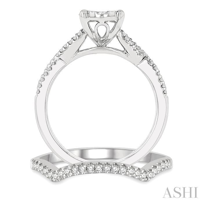 3/4 Ctw Lovebright Round Cut Diamond Wedding Set With 5/8 Ctw Oval Shape Engagement Ring and 1/8 Ctw Curved Wedding Band in 14K White Gold