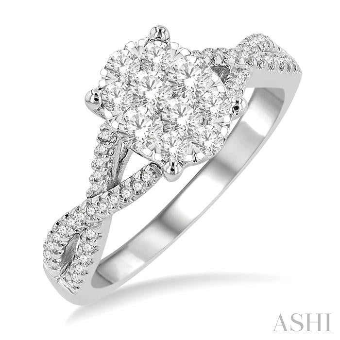 5/8 Ctw Oval Shape Center Split Criss Cross Shank Lovebright Round Cut Diamond Engagement Ring in 14K White Gold