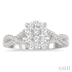 5/8 Ctw Oval Shape Center Split Criss Cross Shank Lovebright Round Cut Diamond Engagement Ring in 14K White Gold