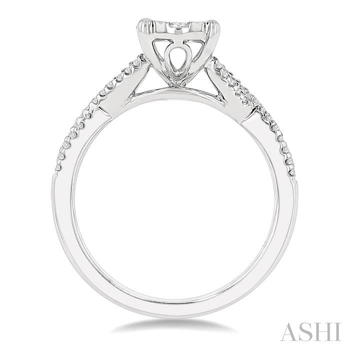 5/8 Ctw Oval Shape Center Split Criss Cross Shank Lovebright Round Cut Diamond Engagement Ring in 14K White Gold