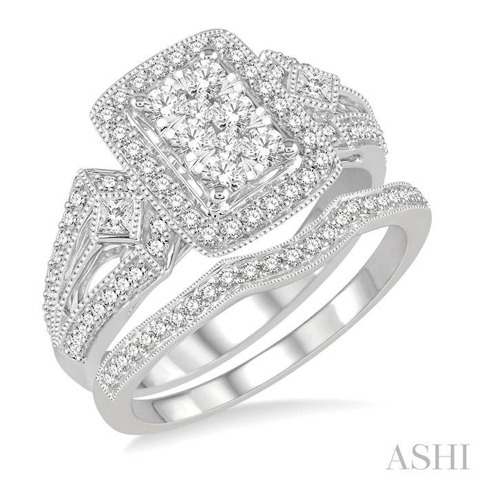 7/8 Ctw Lovebright Round Cut Diamond Wedding Set With 3/4 Ctw Rectangular Shape Engagement Ring and 1/8 Ctw Curved Wedding Band in 14K White Gold