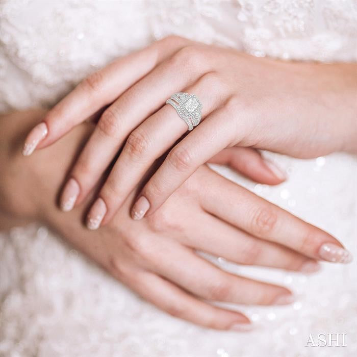 7/8 Ctw Lovebright Round Cut Diamond Wedding Set With 3/4 Ctw Rectangular Shape Engagement Ring and 1/8 Ctw Curved Wedding Band in 14K White Gold