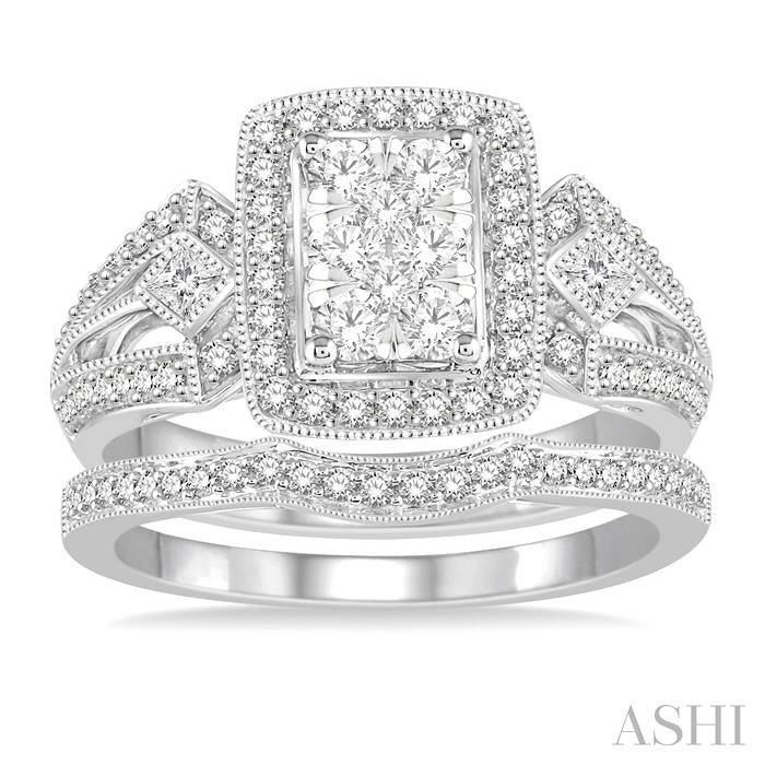 7/8 Ctw Lovebright Round Cut Diamond Wedding Set With 3/4 Ctw Rectangular Shape Engagement Ring and 1/8 Ctw Curved Wedding Band in 14K White Gold
