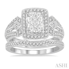 7/8 Ctw Lovebright Round Cut Diamond Wedding Set With 3/4 Ctw Rectangular Shape Engagement Ring and 1/8 Ctw Curved Wedding Band in 14K White Gold