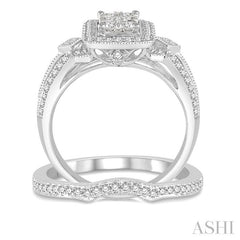 7/8 Ctw Lovebright Round Cut Diamond Wedding Set With 3/4 Ctw Rectangular Shape Engagement Ring and 1/8 Ctw Curved Wedding Band in 14K White Gold