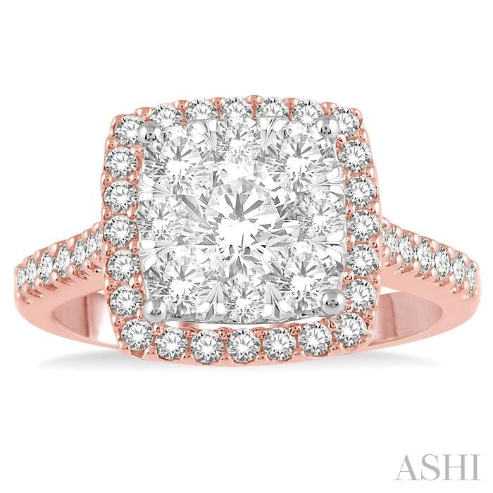 1 1/2 Ctw Round Diamond Lovebright Halo Engagement Ring in 14K Rose and White Gold