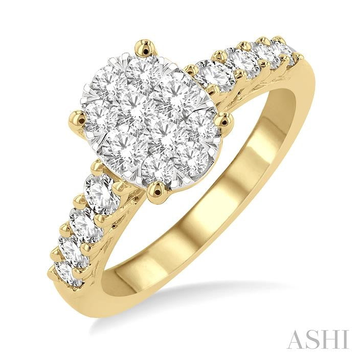 1 Ctw Oval Shape Lovebright Round Cut Diamond Engagement Ring in 14K Yellow and White Gold
