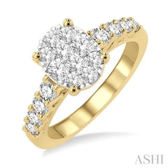 1 Ctw Oval Shape Lovebright Round Cut Diamond Engagement Ring in 14K Yellow and White Gold