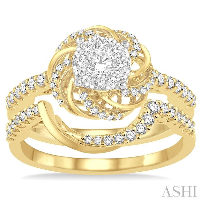 3/4 Ctw Round Cut Diamond Lovebright Wedding Set with 1/2 Ctw Engagement Ring and 1/5 Ctw Wedding Band in 14K Yellow and White Gold