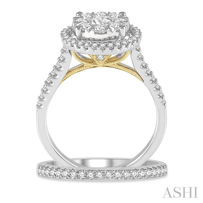 1 1/5 Ctw Lovebright Diamond Wedding Set With 1 Ctw Round Shape Two Tone Engagement Ring in 14K White and Yellow Gold and 1/5 Ctw Wedding Band in 14K