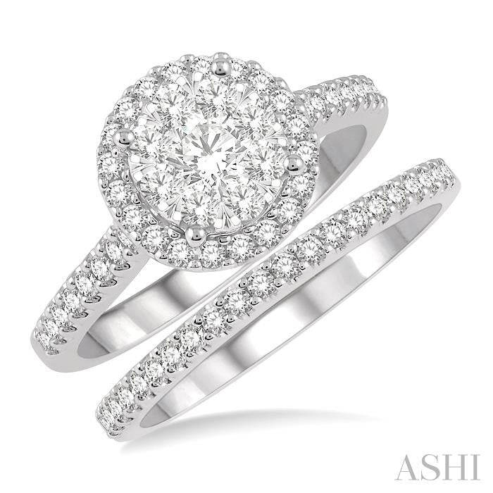 1 Ctw Lovebright Diamond Wedding Set With 3/4 Ctw Round Shape Two Tone Engagement Ring in 14K White and Yellow Gold and 1/5 Ctw Wedding Band in 14K