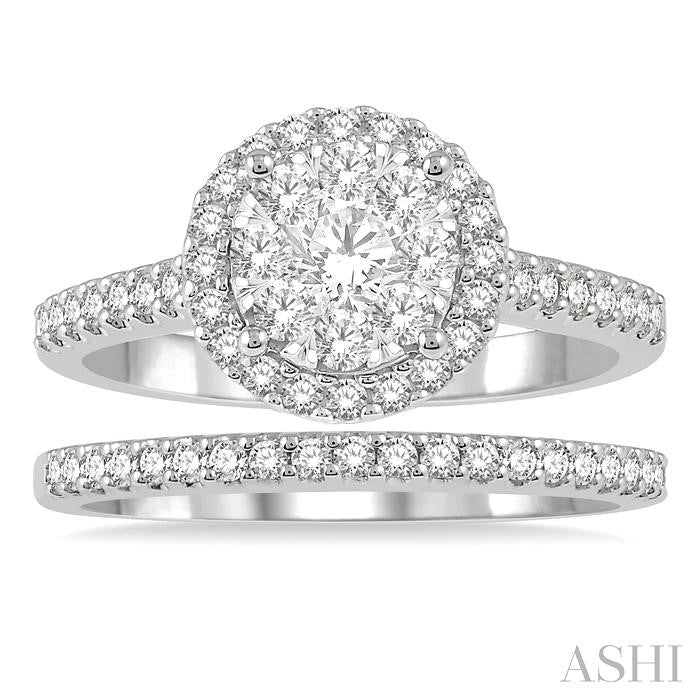 1 Ctw Lovebright Diamond Wedding Set With 3/4 Ctw Round Shape Two Tone Engagement Ring in 14K White and Yellow Gold and 1/5 Ctw Wedding Band in 14K