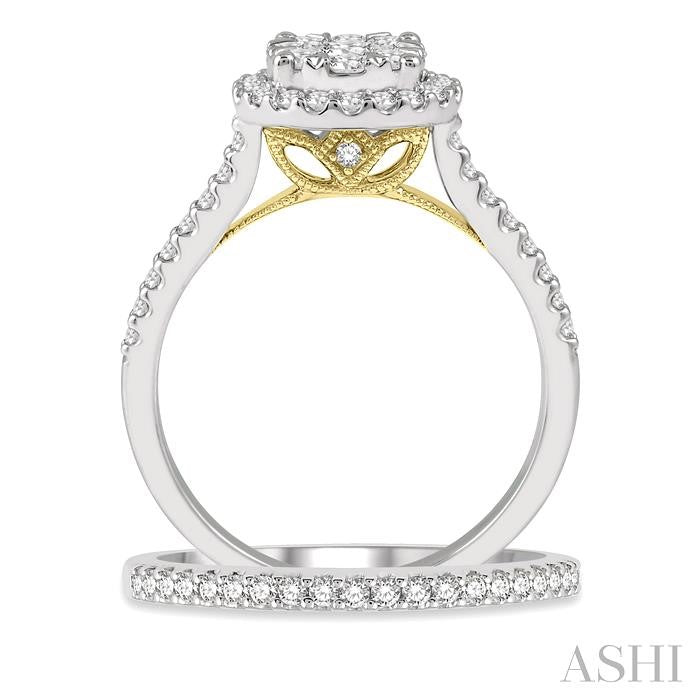 1 Ctw Lovebright Diamond Wedding Set With 3/4 Ctw Round Shape Two Tone Engagement Ring in 14K White and Yellow Gold and 1/5 Ctw Wedding Band in 14K