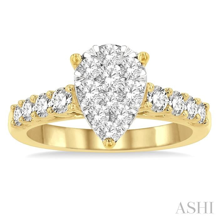 1 Ctw Pear Shape Lovebright Round Cut Diamond Engagement Ring in 14K Yellow and White gold