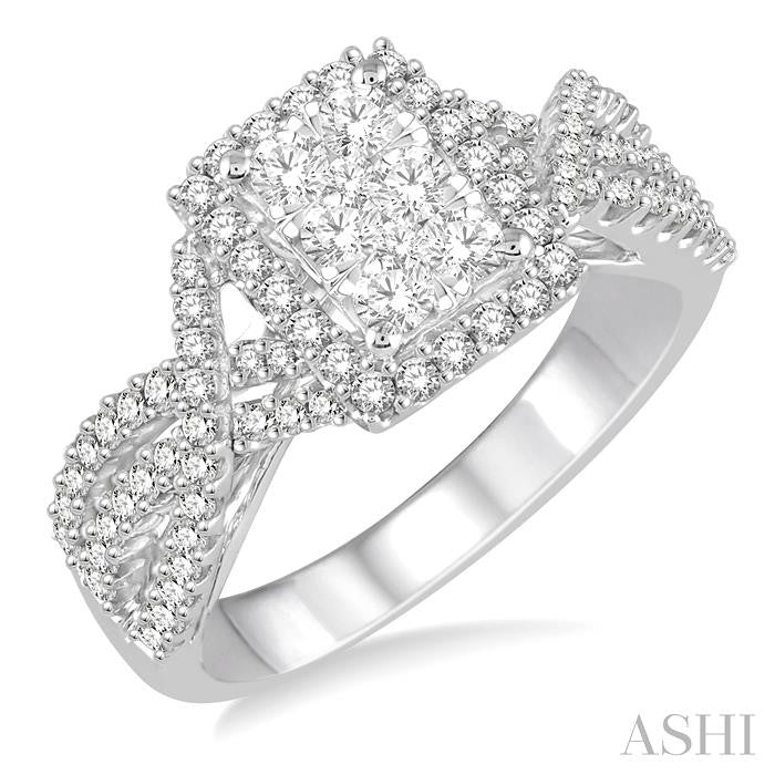 7/8 Ctw Round Cut Diamond Octagon Shape Lovebright Ring in 14K White Gold