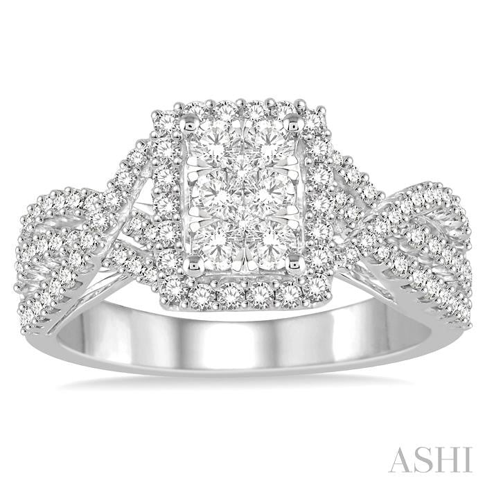 7/8 Ctw Round Cut Diamond Octagon Shape Lovebright Ring in 14K White Gold