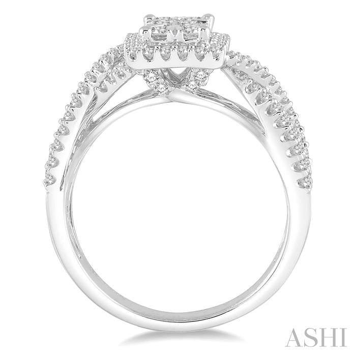 7/8 Ctw Round Cut Diamond Octagon Shape Lovebright Ring in 14K White Gold