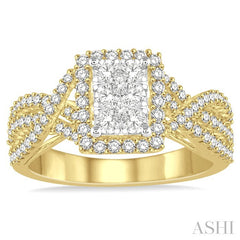 7/8 Ctw Round Cut Diamond Octagon Shape Lovebright Ring in 14K Yellow and White Gold