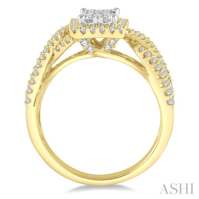 7/8 Ctw Round Cut Diamond Octagon Shape Lovebright Ring in 14K Yellow and White Gold