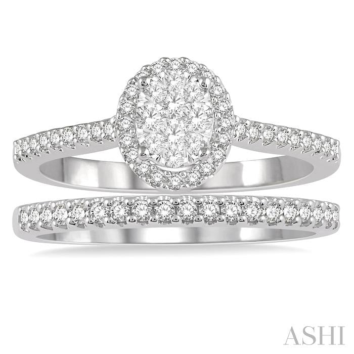 1/2 Ctw Lovebright Diamond Wedding Set in 14K With 1/3 Ctw Oval Shape Engagement Ring in White and Yellow Gold and 1/5 Ctw Wedding Band in White Gold