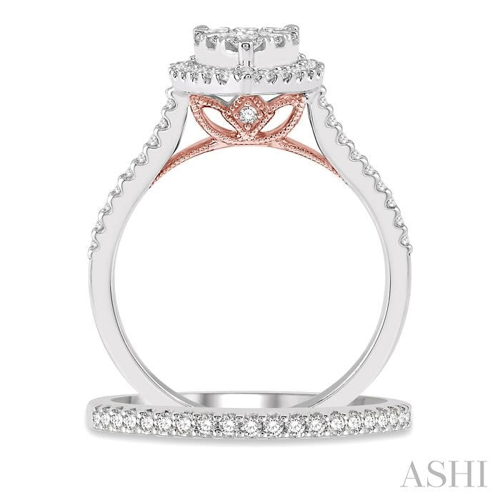 1 Ctw Lovebright Diamond Wedding Set With 3/4 Ctw Pear Shape Engagement Ring and 1/5 Ctw Wedding Band in 14K White and Rose Gold