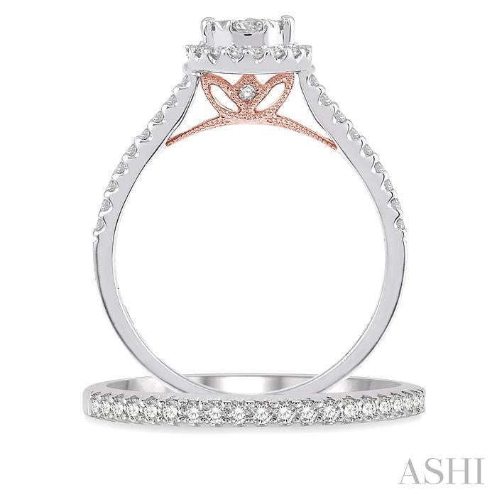 3/4 Ctw Lovebright Diamond Wedding Set With 1/2 Ctw Pear Shape Engagement Ring and 1/5 Ctw Wedding Band in 14K White and Rose Gold