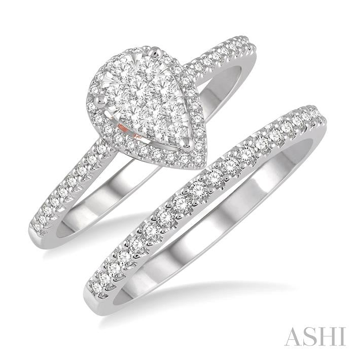 1/2 Ctw Lovebright Diamond Wedding Set With 1/3 Ct Pear Shape Engagement Ring and 1/5 Ct Wedding Band in 14K White and Rose Gold