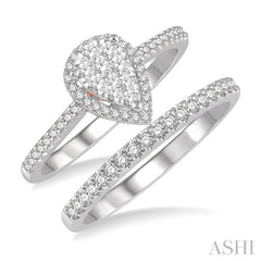 1/2 Ctw Lovebright Diamond Wedding Set With 1/3 Ct Pear Shape Engagement Ring and 1/5 Ct Wedding Band in 14K White and Rose Gold
