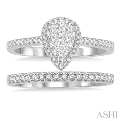 1/2 Ctw Lovebright Diamond Wedding Set With 1/3 Ct Pear Shape Engagement Ring and 1/5 Ct Wedding Band in 14K White and Rose Gold