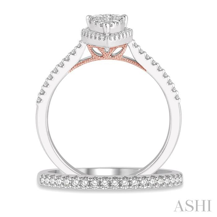 1/2 Ctw Lovebright Diamond Wedding Set With 1/3 Ct Pear Shape Engagement Ring and 1/5 Ct Wedding Band in 14K White and Rose Gold