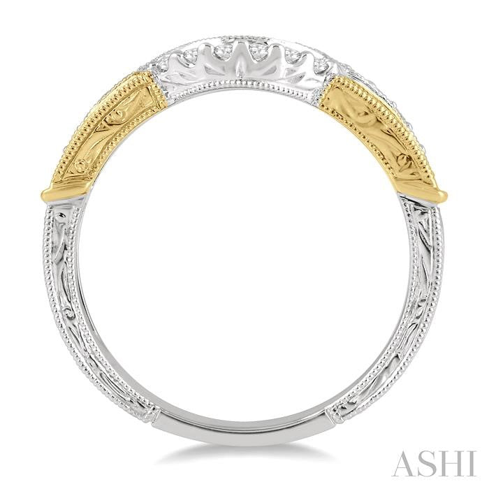 1/5 Ctw Engraved Two Tone Round Cut Diamond Wedding Band in 14K White and Yellow Gold