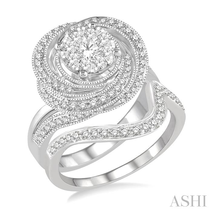 1 Ctw Lovebright Round Cut Diamond Wedding Set With 3/4 Ctw Floral Engagement Ring and 1/6 Ctw Splash Wave Wedding Band in 14K White Gold