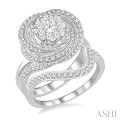 1 Ctw Lovebright Round Cut Diamond Wedding Set With 3/4 Ctw Floral Engagement Ring and 1/6 Ctw Splash Wave Wedding Band in 14K White Gold