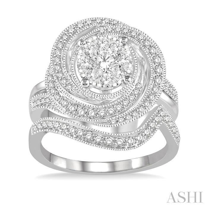 1 Ctw Lovebright Round Cut Diamond Wedding Set With 3/4 Ctw Floral Engagement Ring and 1/6 Ctw Splash Wave Wedding Band in 14K White Gold
