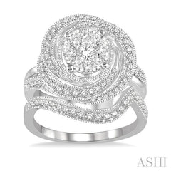 1 Ctw Lovebright Round Cut Diamond Wedding Set With 3/4 Ctw Floral Engagement Ring and 1/6 Ctw Splash Wave Wedding Band in 14K White Gold