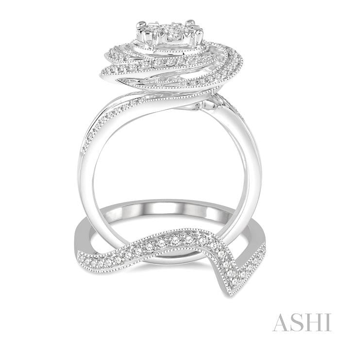 1 Ctw Lovebright Round Cut Diamond Wedding Set With 3/4 Ctw Floral Engagement Ring and 1/6 Ctw Splash Wave Wedding Band in 14K White Gold