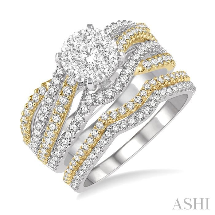 1 1/4 Ctw Lovebright Round Cut Diamond Wedding Set With 1 Ctw Round Split Shank Engagement Ring and 1/4 Ctw Wedding Band in 14K White and Yellow Gold