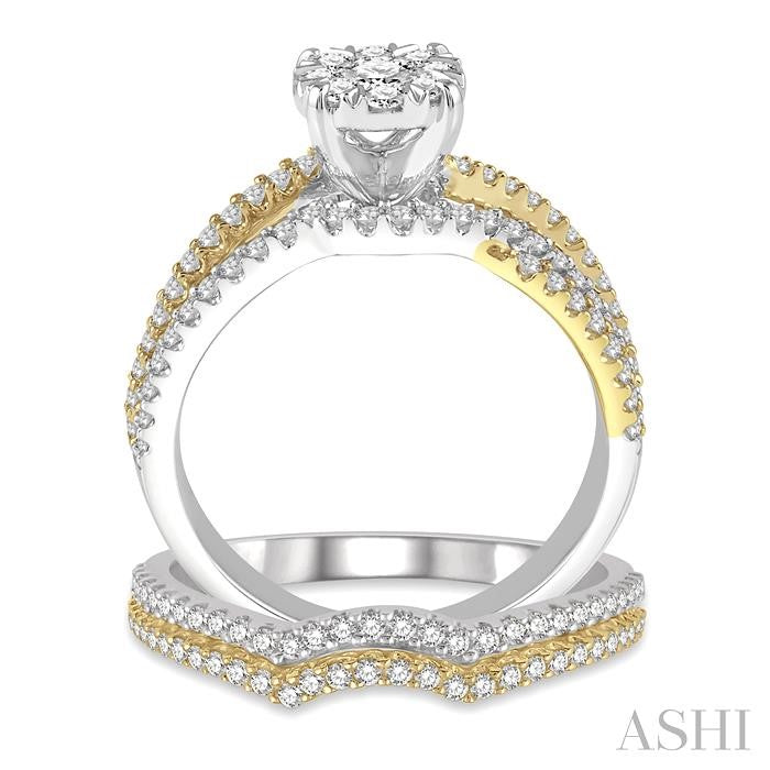 1 1/4 Ctw Lovebright Round Cut Diamond Wedding Set With 1 Ctw Round Split Shank Engagement Ring and 1/4 Ctw Wedding Band in 14K White and Yellow Gold
