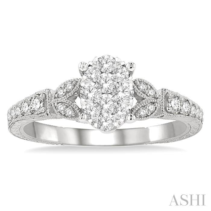 1/2 Ctw Oval Shape Leaf Carved Shank Lovebright Round Cut Diamond Engagement Ring in 14K White Gold