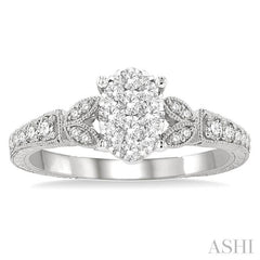 1/2 Ctw Oval Shape Leaf Carved Shank Lovebright Round Cut Diamond Engagement Ring in 14K White Gold