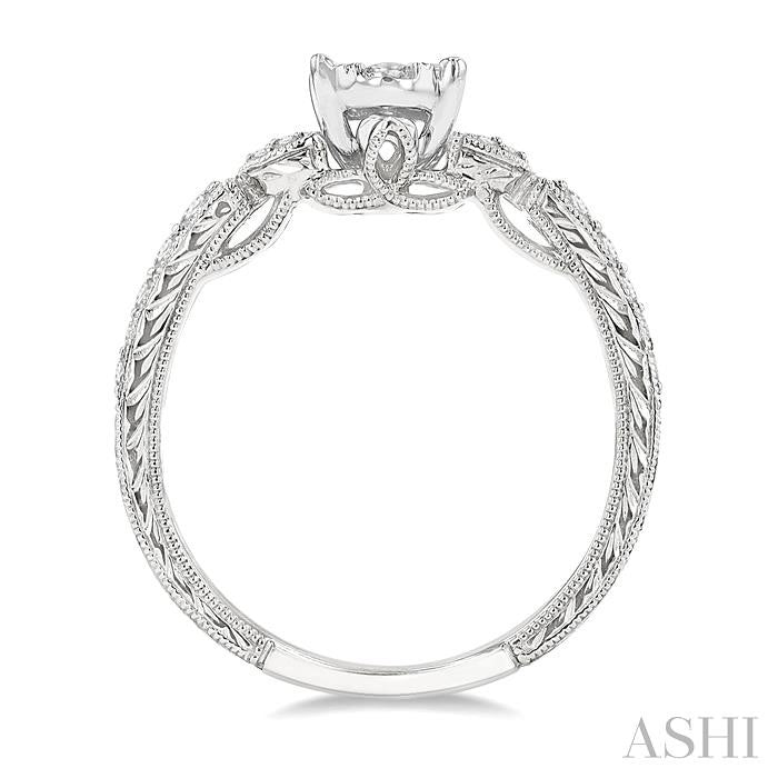 1/2 Ctw Oval Shape Leaf Carved Shank Lovebright Round Cut Diamond Engagement Ring in 14K White Gold