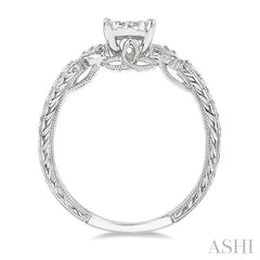 1/2 Ctw Oval Shape Leaf Carved Shank Lovebright Round Cut Diamond Engagement Ring in 14K White Gold