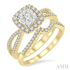 3/4 Ctw Diamond Wedding Set with 5/8 Ctw Lovebright Round Cut Engagement Ring and 1/6 Ctw Wedding Band in 14K Yellow and White Gold