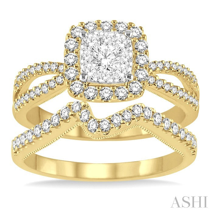 3/4 Ctw Diamond Wedding Set with 5/8 Ctw Lovebright Round Cut Engagement Ring and 1/6 Ctw Wedding Band in 14K Yellow and White Gold