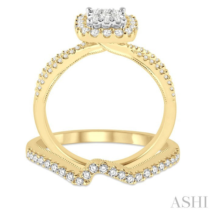 3/4 Ctw Diamond Wedding Set with 5/8 Ctw Lovebright Round Cut Engagement Ring and 1/6 Ctw Wedding Band in 14K Yellow and White Gold