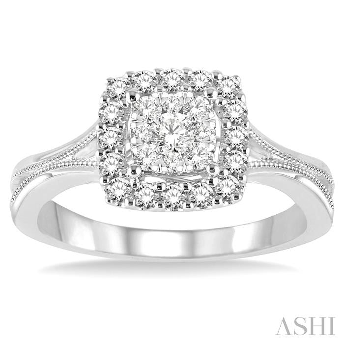 1/2 Ctw Square Shape Round Cut Diamond Lovebright Ring in 14K White Gold