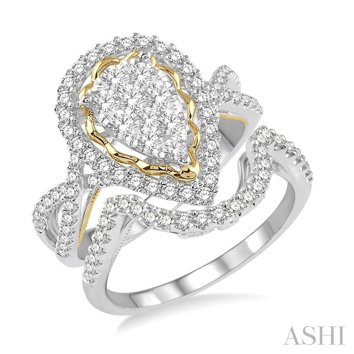 1 1/4 Ctw Lovebright Round Cut Diamond Wedding Set With 1 Ctw Pear Shape Engagement Ring and 1/4 Ctw Curve Wedding Band in 14K White and Yellow Gold
